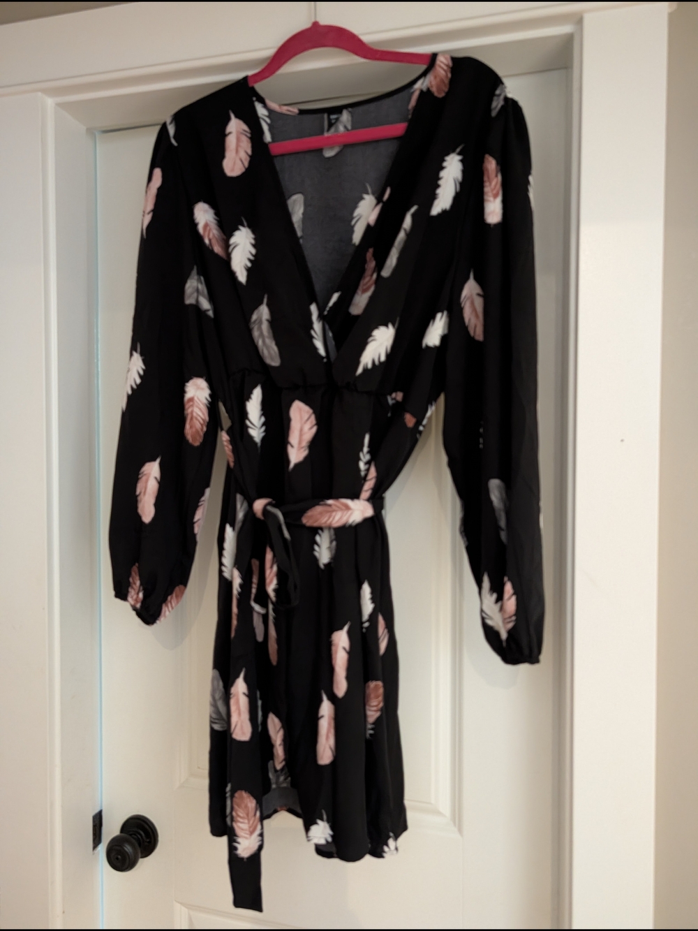 SHEIN Black Midi Dress with Pink White and Gray Feather Print